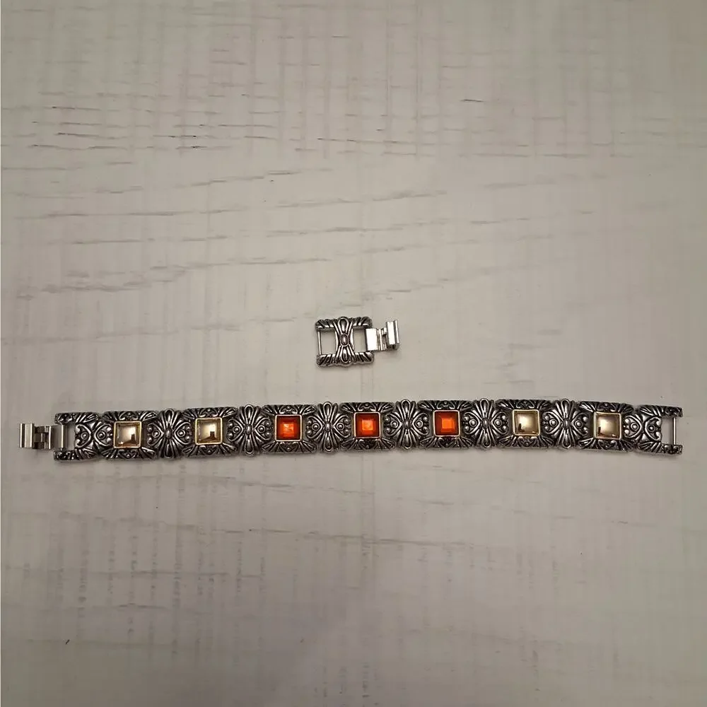 Silver Tone Vintage Style Bracelet with Red Rhinestones